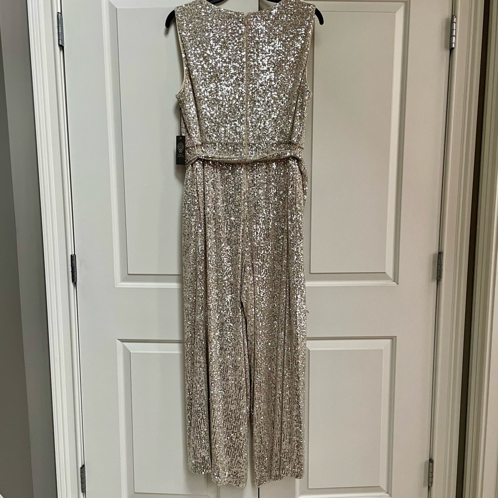NWT Vince Camuto Silver Sequin Cowl Neck Sleeveless Tie Waist Wide Leg Jumpsuit - Picture 11 of 16